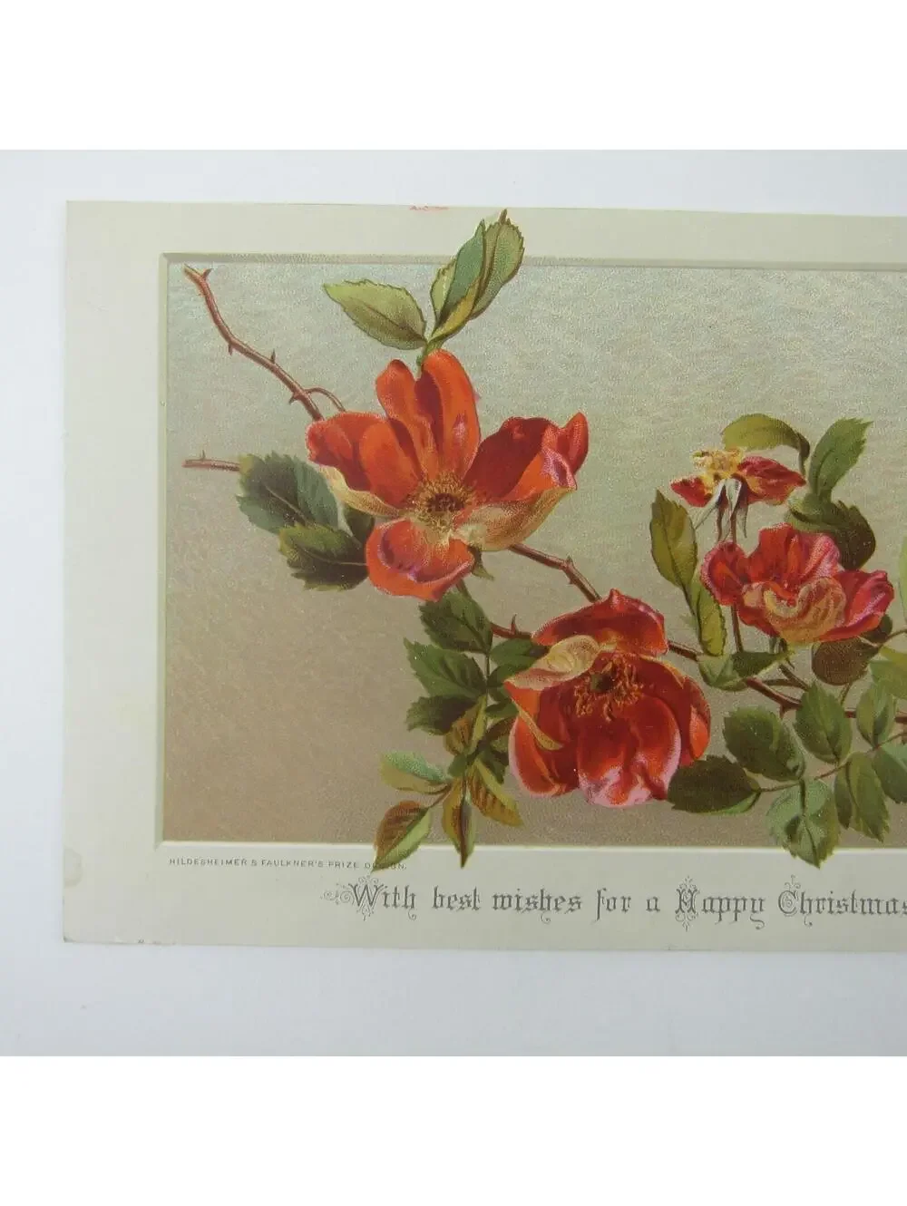 Victorian Christmas Card Red Orange Rose Flowers Hildesheimer & Faulkner Antique